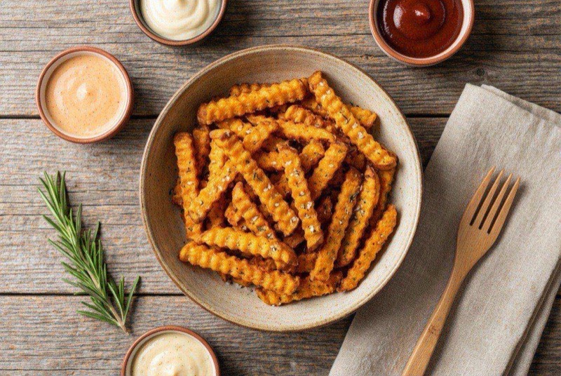Thin crispy sweet potato chips in a bowl seasoned with sea salt and a hint of cinnamon