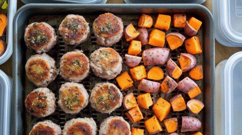 Golden air-fried turkey meatballs arranged in meal prep containers alongside orange sweet potato cubes and bright green broccoli