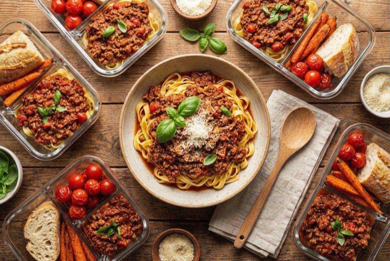 Rich meaty Bolognese sauce ladled over spaghetti noodles with grated Parmesan on top
