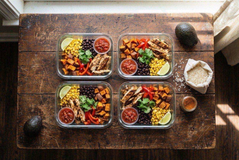Freezer-ready burrito bowls with diced chicken, rice, black beans, and corn in containers