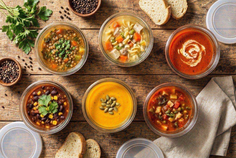 Variety of colorful soups portioned into clear freezer containers labeled and stacked