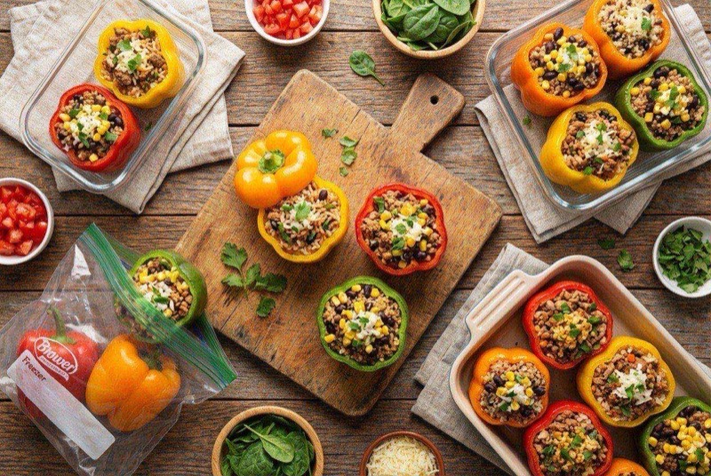 Colorful stuffed bell peppers in a baking dish topped with melted cheese and herbs