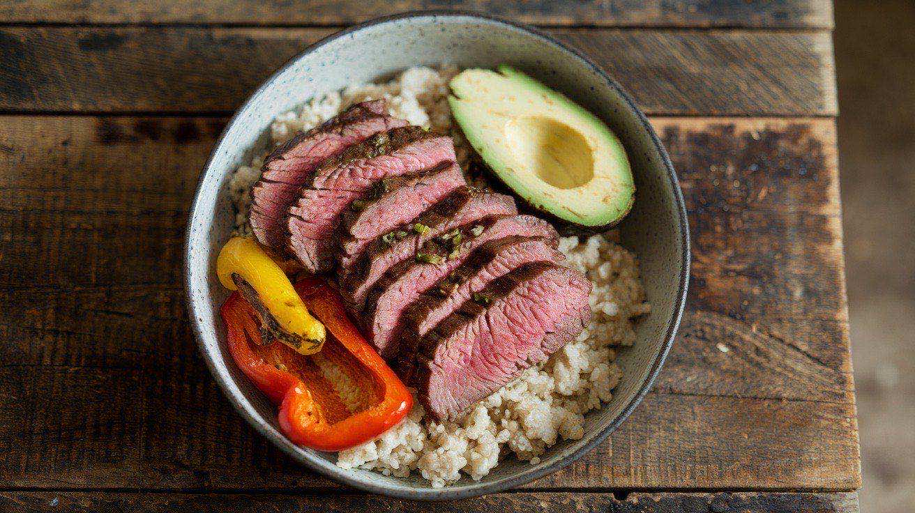 Sliced flank steak fanned over cilantro lime cauliflower rice with roasted peppers, onions, and avocado slices in glass bowls