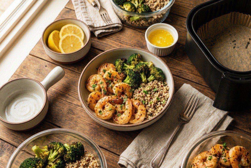 Glistening garlic butter shrimp from the air fryer with parsley and red pepper flakes