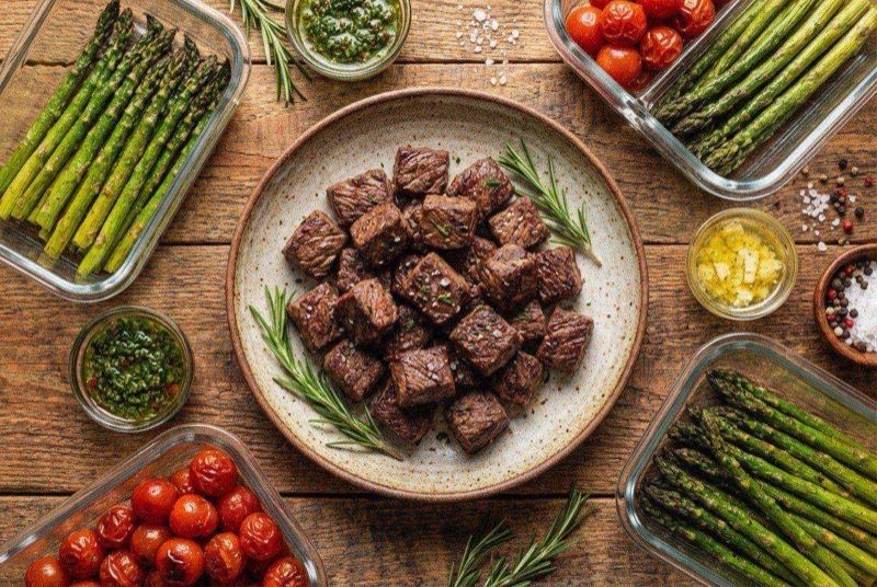 Juicy seared steak bites glistening with garlic butter and garnished with fresh parsley