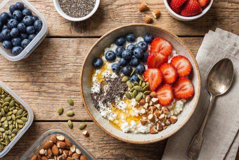 Bowl of cottage cheese topped with colorful berries, granola, and a honey drizzle