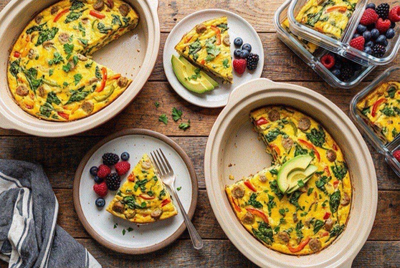 Sliced breakfast casserole in a crockpot showing layers of egg, sausage, and melted cheese