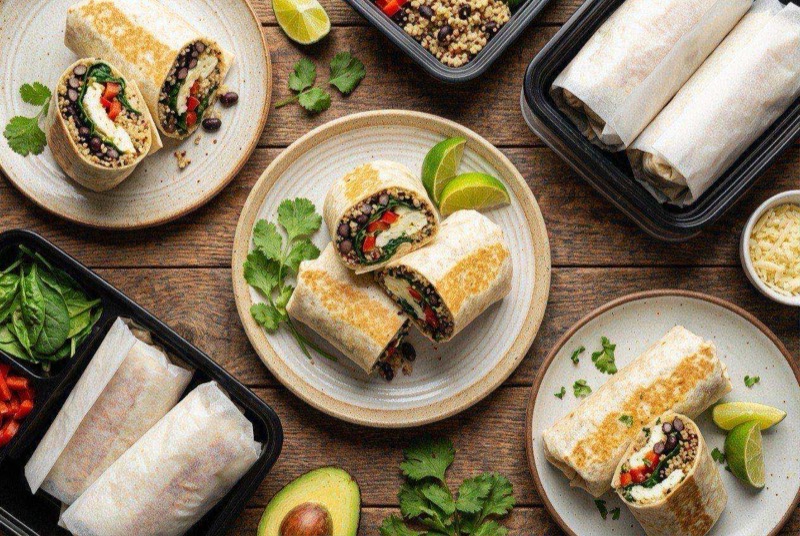 Egg white burritos wrapped in foil, one cut open showing white eggs, turkey, and peppers