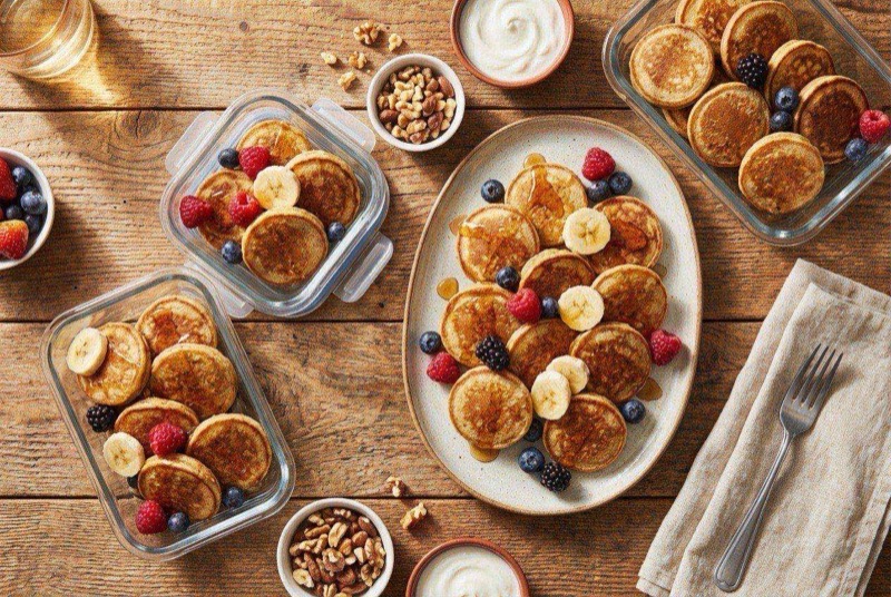 Pile of small golden protein pancake bites with a tiny container of maple syrup for dipping