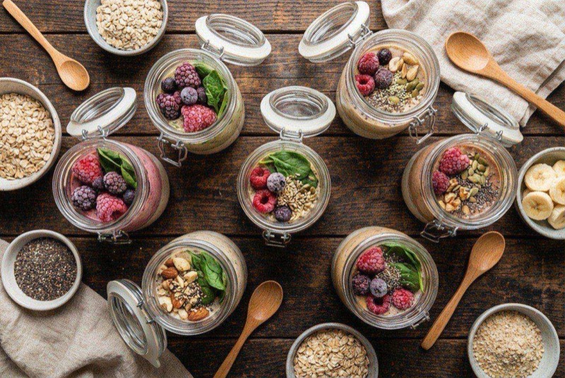 Labeled freezer bags with smoothie ingredients including protein powder, banana, and berries