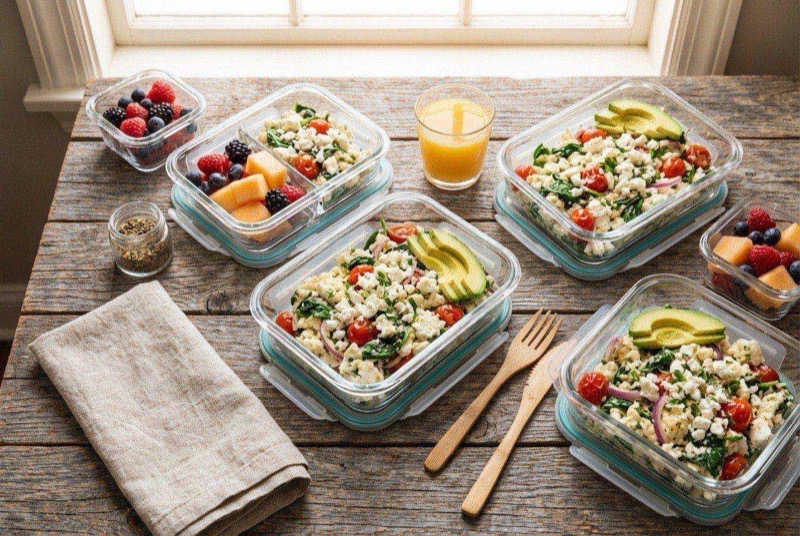 Fluffy white egg scramble in a bowl topped with melted cheese and salsa