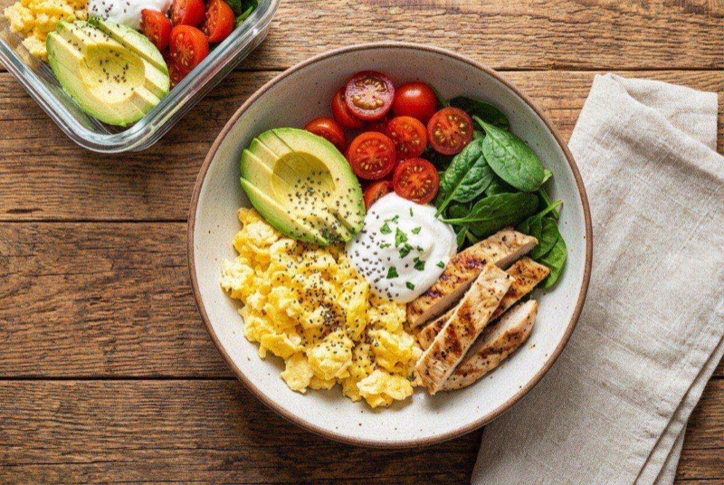 Protein-loaded breakfast bowl with scrambled eggs over oatmeal topped with ham and melted cheese