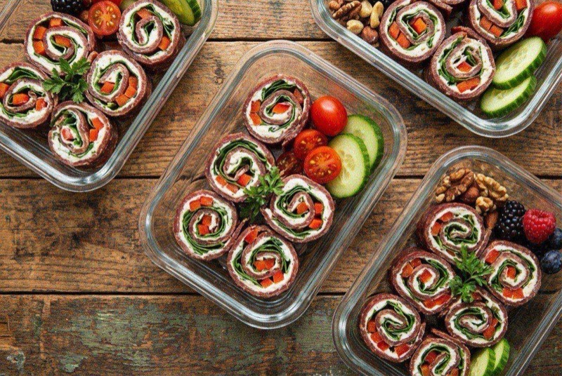 Beef jerky strips wrapped around white string cheese sticks secured with toothpicks