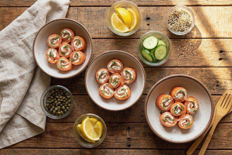Cucumber rounds topped with cream cheese, pink smoked salmon, fresh dill, and capers