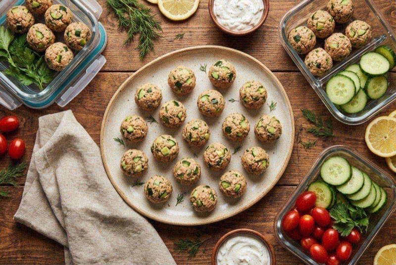 Cucumber rounds topped with seasoned tuna salad and everything bagel seasoning