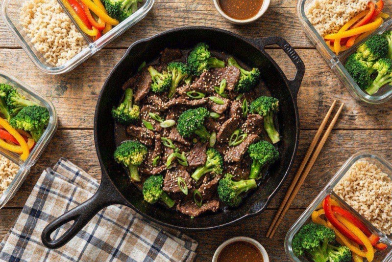 Glossy beef and broccoli stir fry in a skillet with a shiny brown sauce