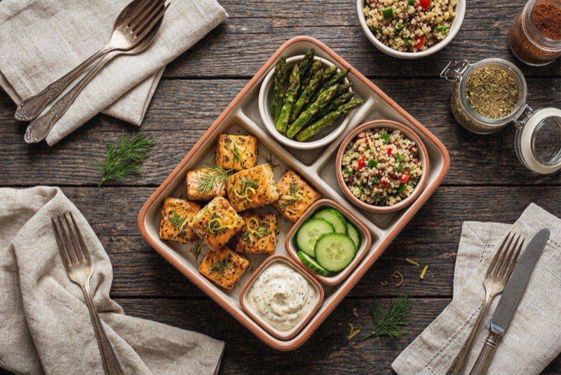 Bite-sized salmon cubes coated in everything bagel seasoning on a baking sheet