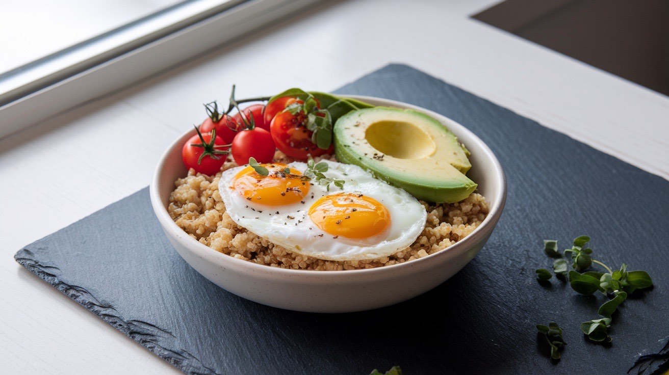 Savory breakfast quinoa bowl with two sunny-side-up eggs, crumbled turkey bacon, wilted spinach, and feta cheese