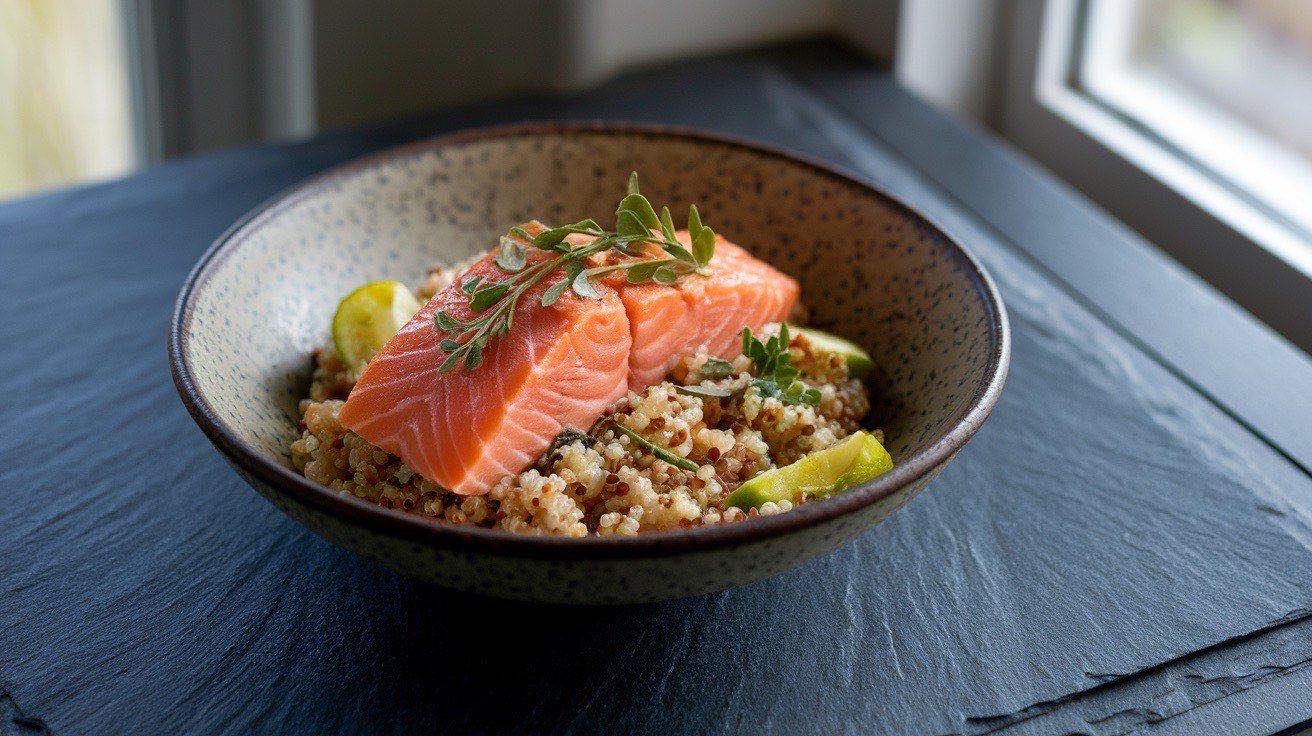Protein-packed quinoa bowl with seared glazed salmon, sliced avocado, bright green edamame, and sesame seeds