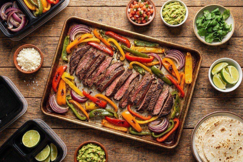 Sheet pan covered with sizzling steak strips and charred peppers and onions