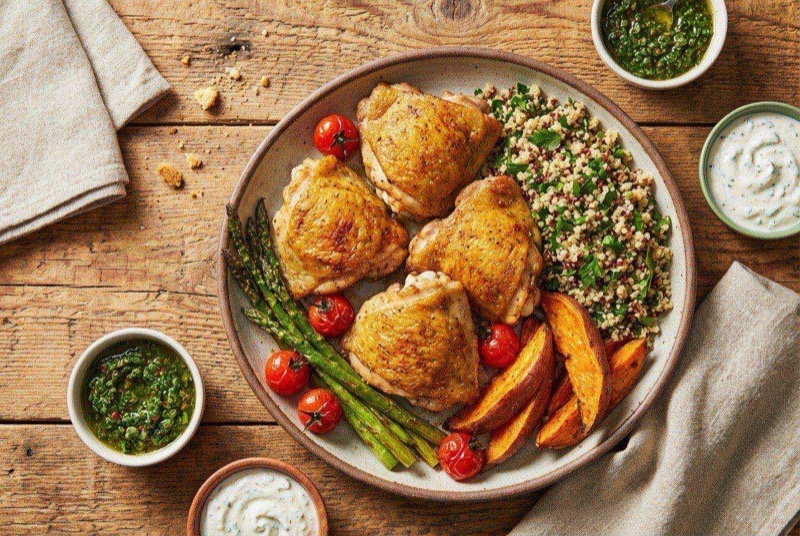 Golden-brown crispy chicken thighs with paprika seasoning on a white plate with lemon wedges