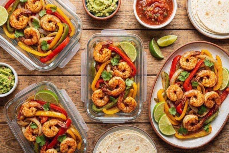 Sizzling air fryer shrimp fajitas with charred peppers and onions on a platter with lime wedges