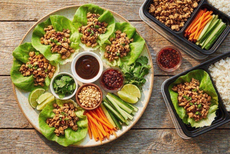 Butter lettuce cups filled with seasoned ground turkey, water chestnuts, and green onions with lime wedges