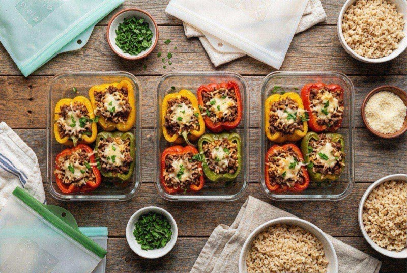 Colorful stuffed bell peppers with beef, rice, and melted mozzarella cheese in a baking dish
