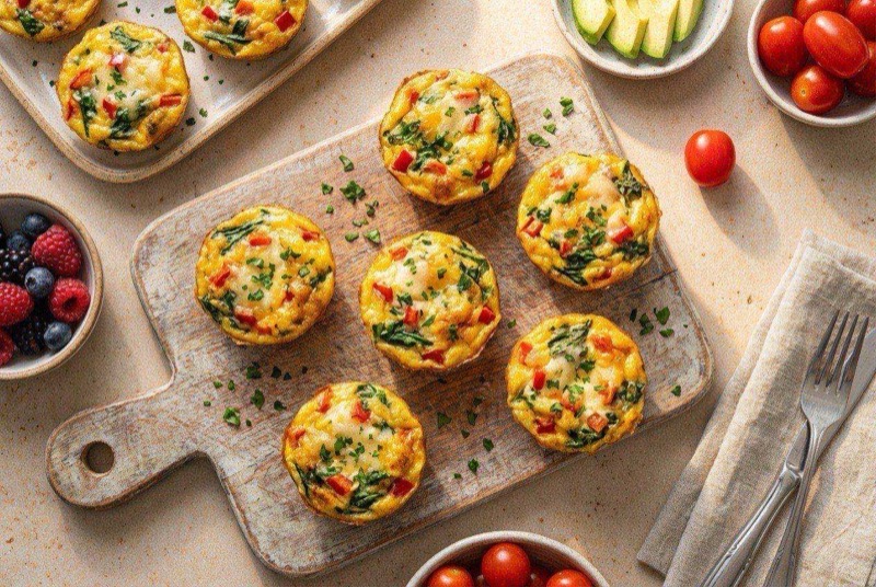 Golden egg muffin cups in a muffin tin showing turkey sausage, peppers, and melted cheese