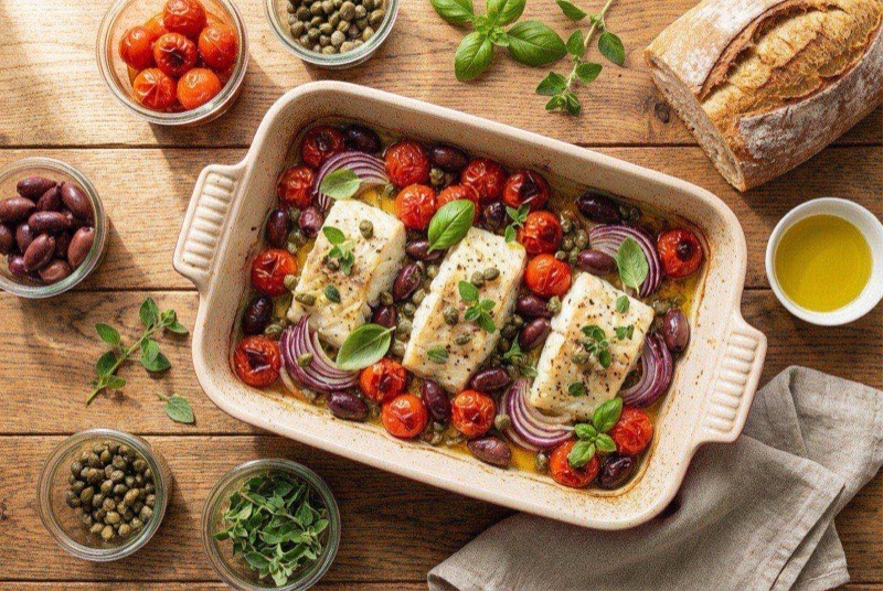 Baked cod fillets in a tomato sauce with Kalamata olives and capers in a cast iron skillet