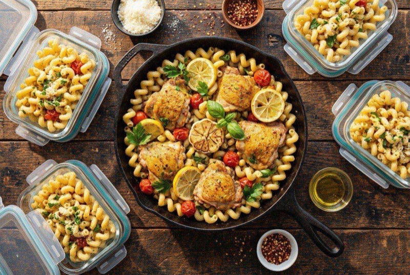 Creamy lemon garlic chicken pasta with spinach and Parmesan in a deep skillet