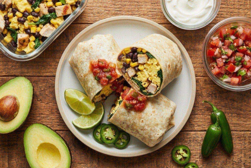 Cut-open southwest breakfast burrito revealing scrambled eggs, ground turkey, black beans, and melted pepper jack cheese