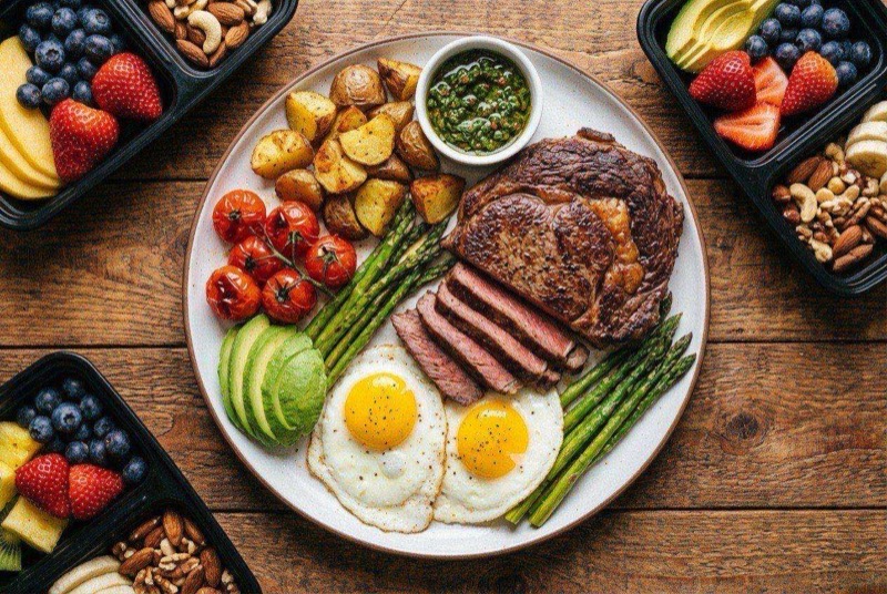 Sliced medium-rare sirloin steak with three sunny-side-up eggs on a dark plate with fresh rosemary