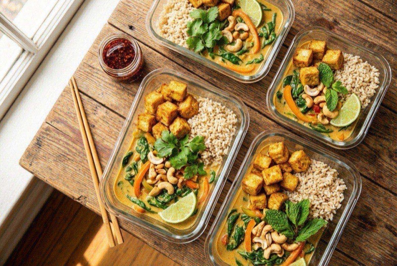 Golden crispy tofu cubes in a creamy orange-red coconut curry with broccoli and red peppers over rice