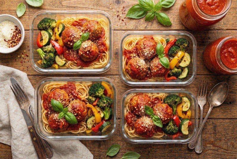 Turkey meatballs in marinara sauce over whole wheat penne pasta in a meal prep container
