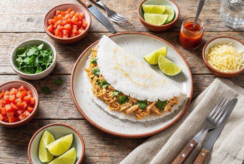 Golden Brazilian tapioca crepe folded over shredded chicken and melted cheese with cilantro garnish
