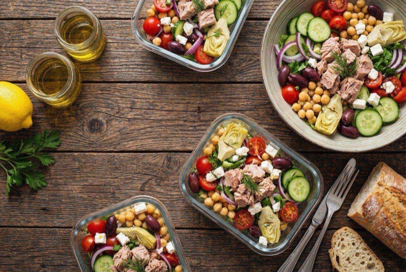 Mediterranean tuna salad with white beans, tomatoes, and capers on a bed of mixed greens