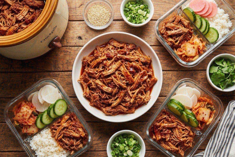 Shredded Korean gochujang pulled pork with sesame seeds and green onions on a bed of rice