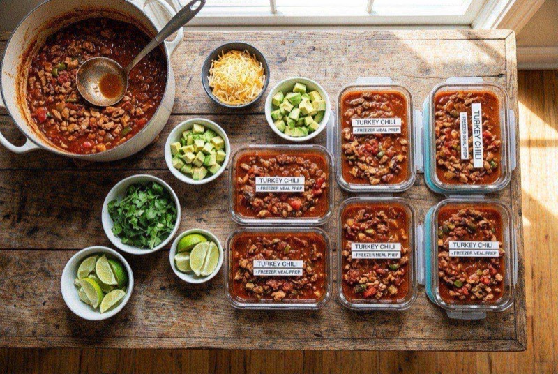 Thick hearty turkey chili in a bowl with visible kidney beans, black beans, and ground turkey