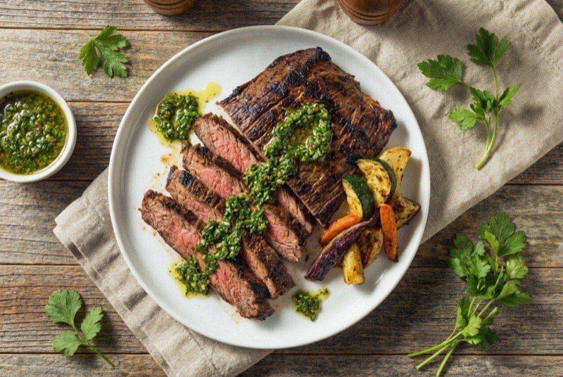 Thinly sliced grilled flank steak on a cutting board generously topped with bright green chimichurri sauce