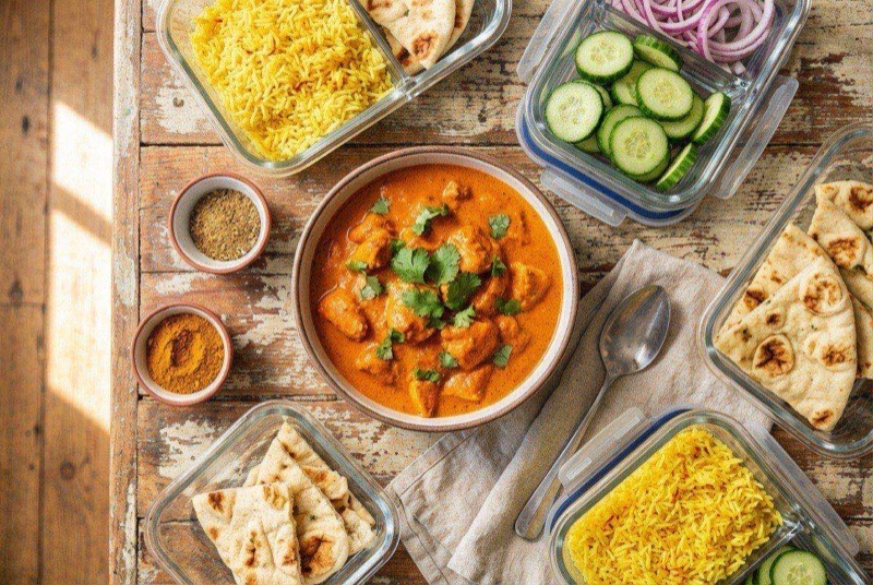 Creamy orange butter chicken with tender chunks of chicken in a rich tomato sauce garnished with cilantro