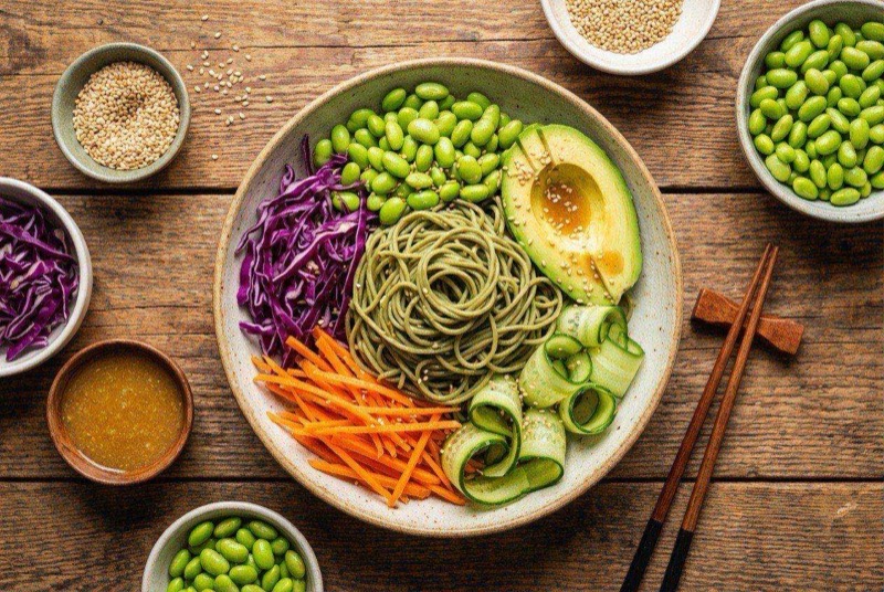 Colorful cold soba noodle salad with edamame, purple cabbage, and carrots in a ginger-miso dressing