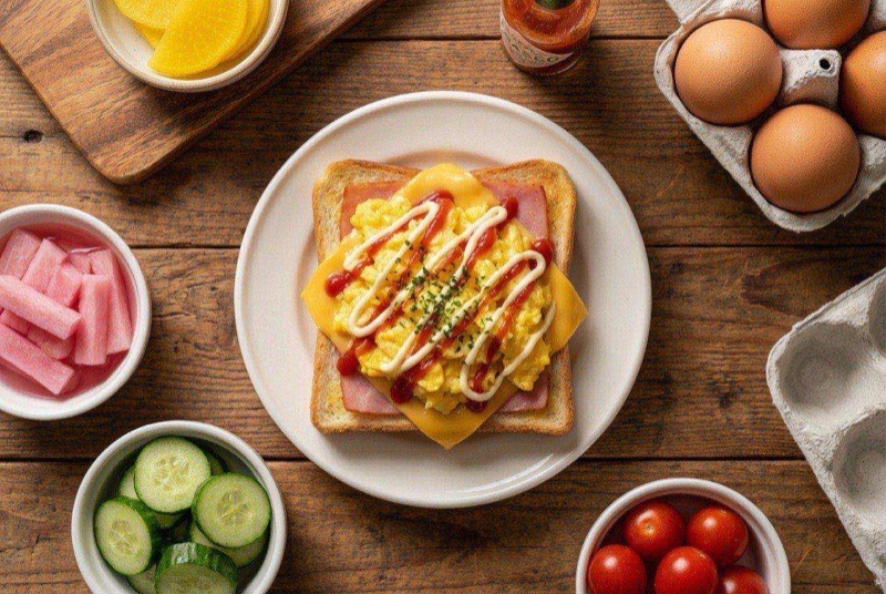 Korean egg toast cut diagonally showing layers of fluffy egg, melted cheese, and golden toasted bread