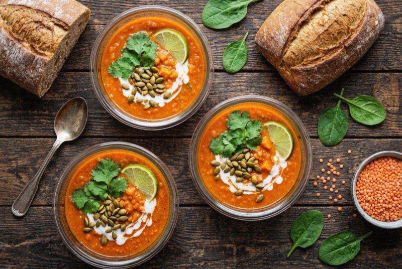 Creamy orange-colored red lentil and sweet potato soup with wilted spinach in a bowl