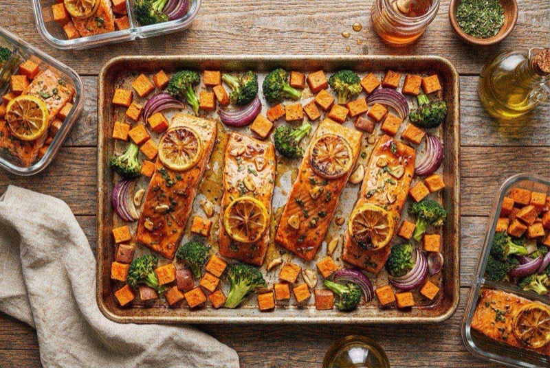 Sheet pan with glazed honey garlic salmon fillets, roasted sweet potato cubes, and charred broccolini