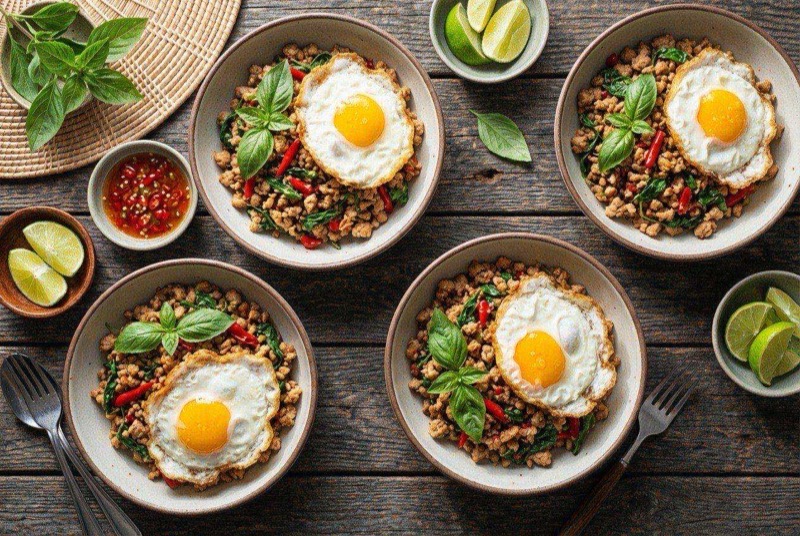 Thai basil ground turkey over jasmine rice topped with a sunny-side up fried egg with crispy edges