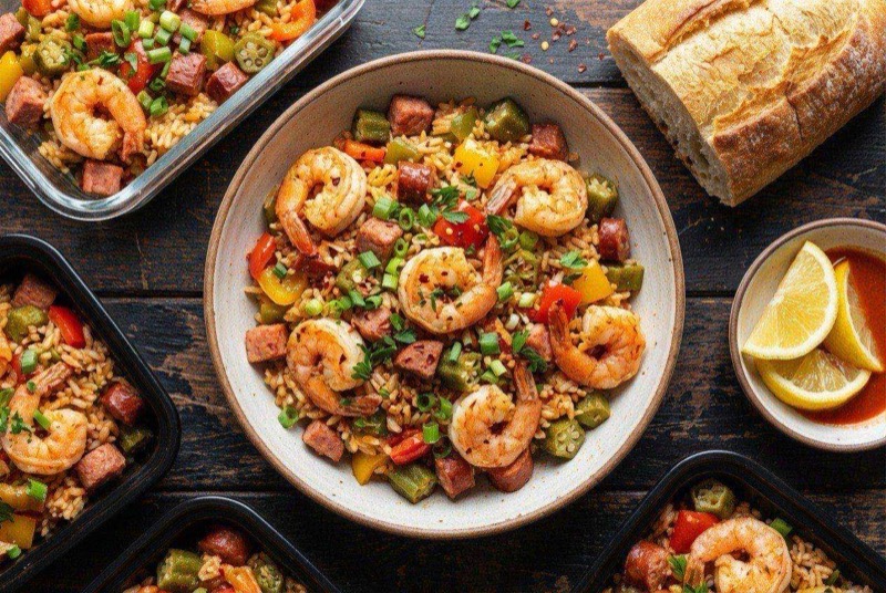 Bowl of Cajun jambalaya with pink shrimp, sliced sausage, and rice in a spicy tomato sauce