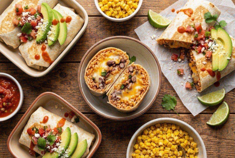 Stack of bean and cheese burritos wrapped in foil, one cut open showing melted cheese and beans