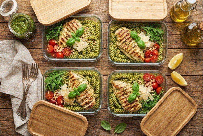 Meal prep container of pesto rotini pasta with sliced grilled chicken, halved cherry tomatoes, and white mozzarella pearls
