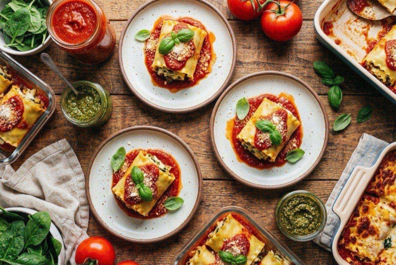 Baking dish of lasagna roll-ups covered in marinara sauce and melted mozzarella cheese with visible spinach and ricotta filling